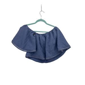 Karina Grimaldi Linen Off‎ Shoulder Crop Top XS Blue White Ruffle